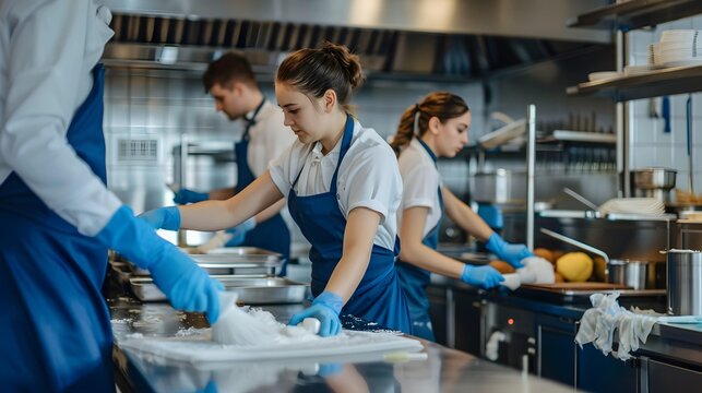 A professional cleaning team working in a restaurant kitchen, three people wearing blue overalls and white shirts and blue gloves. are cleaning the kitchen table