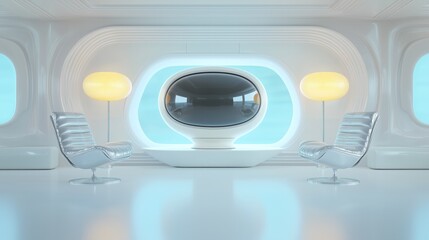 A futuristic lounge with a TV in a sleek, modern setting, surrounded by vibrant colors and smooth lines.