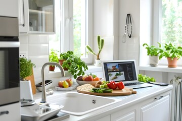 A simple clean white kitchen, on the counter is a laptop and a few gluten-free grains, fruits and vegetables