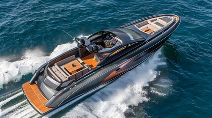 A sleek and modern speedboat with an open deck layout featuring a large lounge area for guests to enjoy the view as it glides across the water at high speeds.