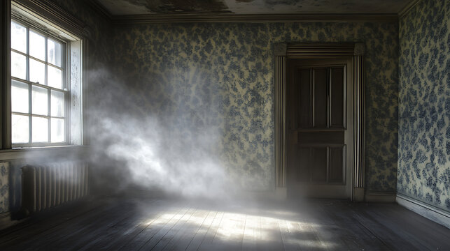 empty dust-covered room in an old Victorian house with faded wallpaper and cobwebs, conveying a sense of ghostly presence