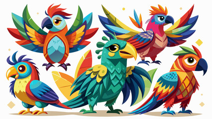 Colorful Geometric Parrots Vector Illustration - Tropical Bird Art Design , Vibrant Polygonal Parrots - Abstract Tropical Bird Vector Art