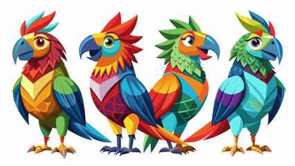 Colorful Geometric Parrots Vector Illustration - Tropical Bird Art Design , Vibrant Polygonal Parrots - Abstract Tropical Bird Vector Art