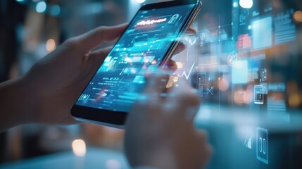 Person using a smartphone with glowing data visualizations on the screen