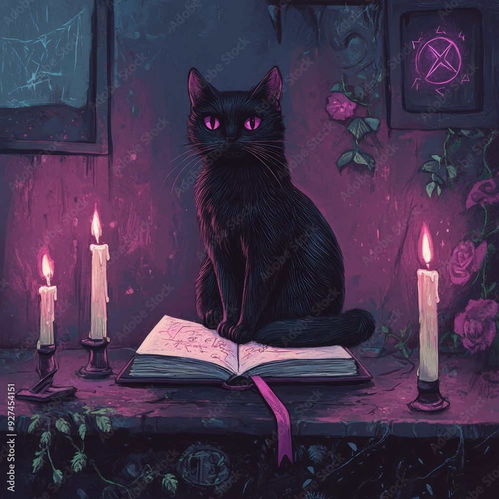 Sticker Black cat with glowing eyes sits on an open book with three lit candles on a pink shelf.