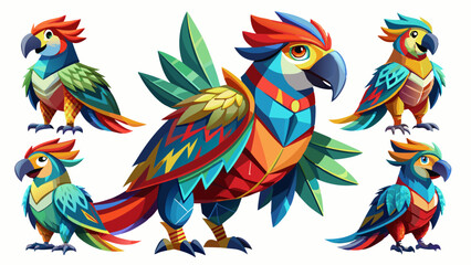 Colorful Geometric Parrots Vector Illustration - Tropical Bird Art Design , Vibrant Polygonal Parrots - Abstract Tropical Bird Vector Art
