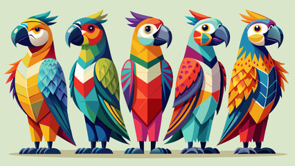 Colorful Geometric Parrots Vector Illustration - Tropical Bird Art Design , Vibrant Polygonal Parrots - Abstract Tropical Bird Vector Art