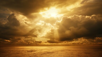 Obraz premium A breathtaking view of the ocean at sunset, with vibrant golden rays breaking through dark clouds, reflecting beautifully on the water's surface