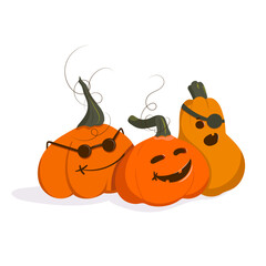 Halloween. Three orange pumpkins, happy, surprised and angry. Vector illustration.
