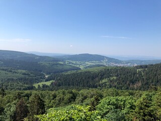 Obraz premium view of mountains covered with green forest with blue sky