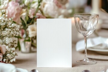 Mockup White Blank Space Card for Greeting, Table Number, Wedding Invitation Template on Wedding Table