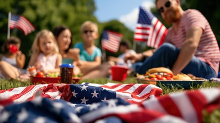 Labor Day picnic with families and friends enjoying barbecue, playing games, and relaxing outdoors, sense of community and end-of-summer celebration, American flags in the background