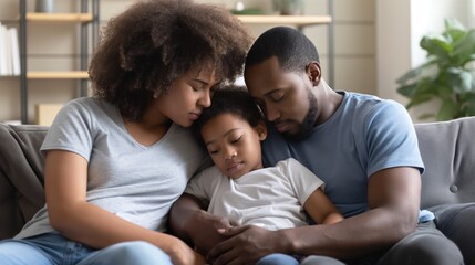 Fototapeta premium Parents comforting a child after a bullying incident, expressions of love and protection, promoting anti-bullying awareness and child safety, home setting with supportive atmosphere