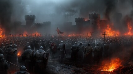 Knights prepare for battle outside a burning castle, surrounded by flames and smoke as dark clouds loom overhead during a chaotic medieval conflict