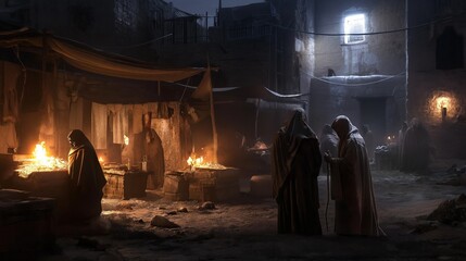 A lively nighttime market comes to life as vendors showcase their goods and customers mingle, enveloped in the warm glow of lanterns and fires in a historical setting