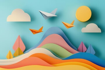 Paper planes navigating through rings, folding steps on display, flat design illustration