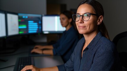 Two women collaborate on computer tasks in a stylish office, with one focused at the keyboard and the other engaged in her screen work under dim lighting
