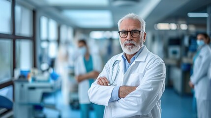 Fototapeta premium A focused doctor with glasses stands confidently in a busy hospital corridor, surrounded by medical staff and equipment, ready to assist patients