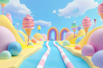 Pastel candy world for children in 3D. AI generative.