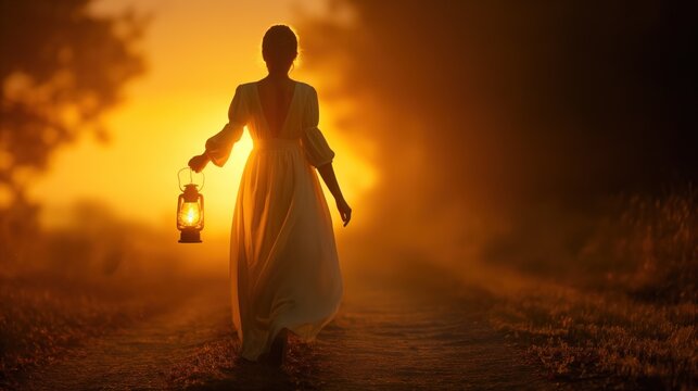 A woman in a white dress walks down a dusty path during sunset, holding a lantern that illuminates her face against the beautiful golden sky