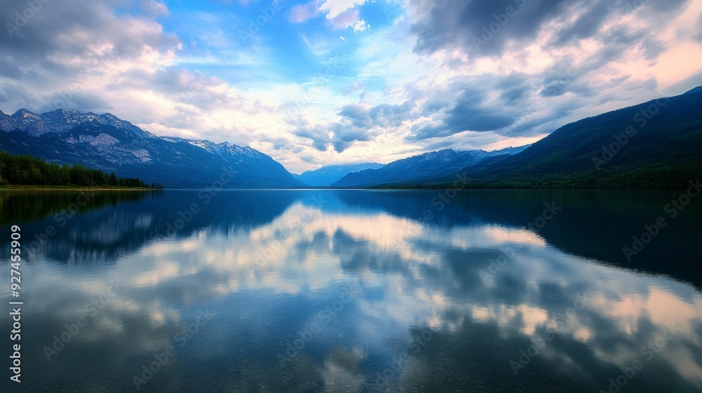 Poster Calm lake with a mountain reflection in the water.