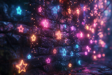 Obraz premium Brick wall with neon glowing stars with bright and vivid colors.