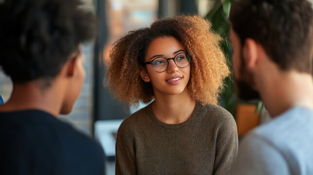 Young woman with curly hair and glasses smiling at a man
