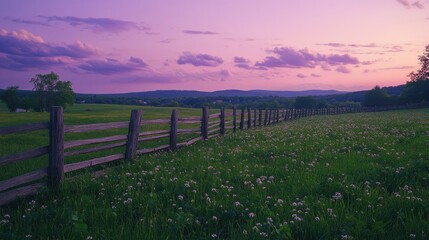 Obraz premium A serene landscape at dusk with a wooden fence and blooming flowers under a purple sky.