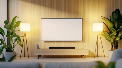 A modern living room with a flat-screen TV, featuring a minimalist design and soft lighting.