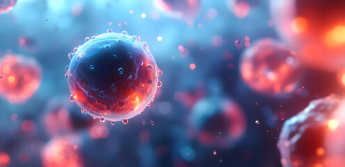 Naklejka premium A vivid close-up image of biological cells showcasing intricate details and vibrant colors, perfect for science and health themes.