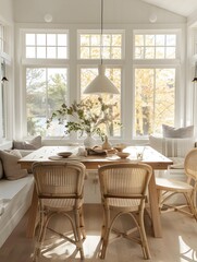 Dining room with a white oak table, rattan chairs and a built in window seat with a light wood frame and dining area, natural lighting.