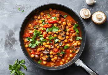 Vegetarian buffalo chickpea chili with mushrooms in a pan on a gray background, top view. Healthy vegetarian food concept