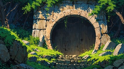 Fototapeta premium Enchanted Forest Cave: A Mysterious Entrance Shrouded in Enchantment Anime Style