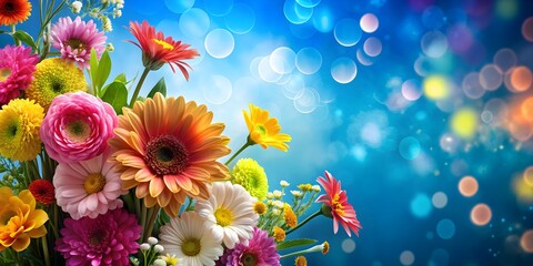 Obraz premium Beautiful flowers on a vibrant blue background, Floral, colorful, vibrant, nature, beauty, bouquet, petals, blooms
