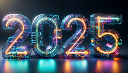 カレンダー。2025年を想像しながら、数字が輝くSFとファンタジーの世界に思いを馳せる。ネオン管で作られた数字がカラフルな彩りと高い彩度で発光し、未来の明るい希望にワクワクが止まらない。機械やロボットを中心に、回路や電子を駆使したデザインを造形で表現。プロダクトとしてのオブジェがインテリアに新たな価値をもたらす。