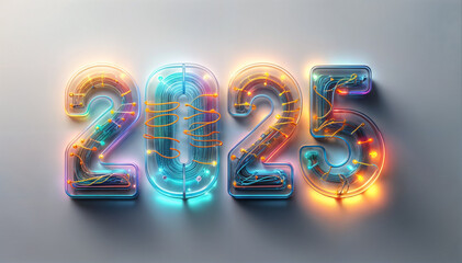 カレンダー。2025年を想像しながら、数字が輝くSFとファンタジーの世界に思いを馳せる。ネオン管で作られた数字がカラフルな彩りと高い彩度で発光し、未来の明るい希望にワクワクが止まらない。機械やロボットを中心に、回路や電子を駆使したデザインを造形で表現。プロダクトとしてのオブジェがインテリアに新たな価値をもたらす。