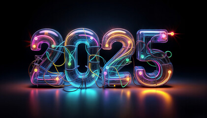 カレンダー。2025年を想像しながら、数字が輝くSFとファンタジーの世界に思いを馳せる。ネオン管で作られた数字がカラフルな彩りと高い彩度で発光し、未来の明るい希望にワクワクが止まらない。機械やロボットを中心に、回路や電子を駆使したデザインを造形で表現。プロダクトとしてのオブジェがインテリアに新たな価値をもたらす。