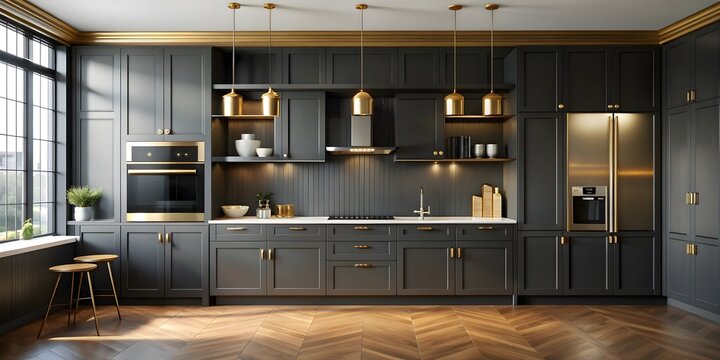 Sleek black kitchen cabinets with glamorous gold accents , kitchen, eclectic, cabinetry, black, sleek, glamorous, gold