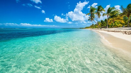 Clear turquoise water laps at a pristine white sand beach with swaying palm trees lining the shore under a bright blue sky with fluffy white clouds.