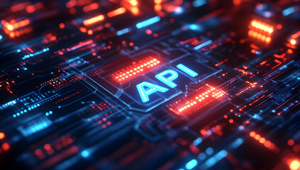 Close-up of a digital circuit board featuring API design, showcasing technology and innovation in a vibrant neon style.