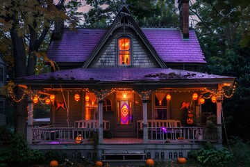 Halloween-style house with purple roof, dark gray wooden boards, orange lights in the house, lights hanging on the eaves, two rows of benches under the windows on both sides