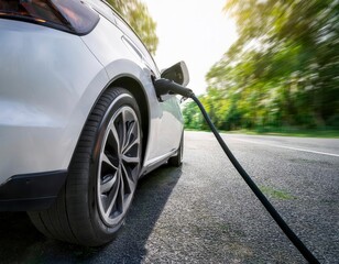  red electric vehicle being charged at a public charging station. Generated image