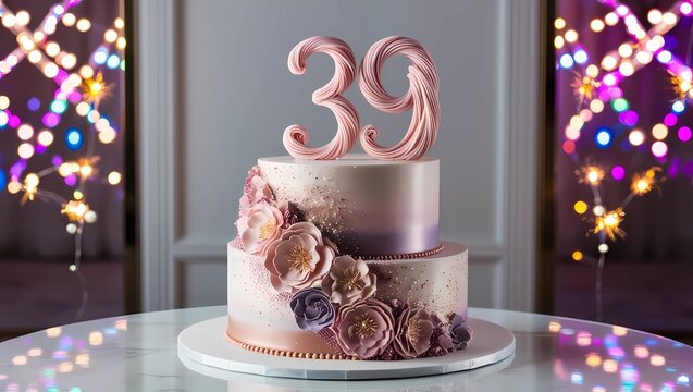 Elegant 39th Birthday Cake with Twisted Number Topper and Blush Floral Decorations
