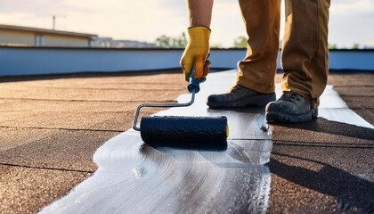 Using a roller brush to apply a waterproof coating to a rooftop. Generated image