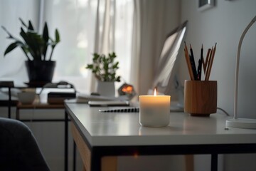 Home office with a scented candle, near workspace, and minimalist decor, fostering a productive and pleasant environment