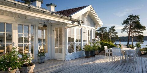 scandinavian beautiful wooden  house. AI generative.
