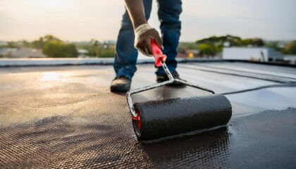 Using a roller brush to apply a waterproof coating to a rooftop. Generated image