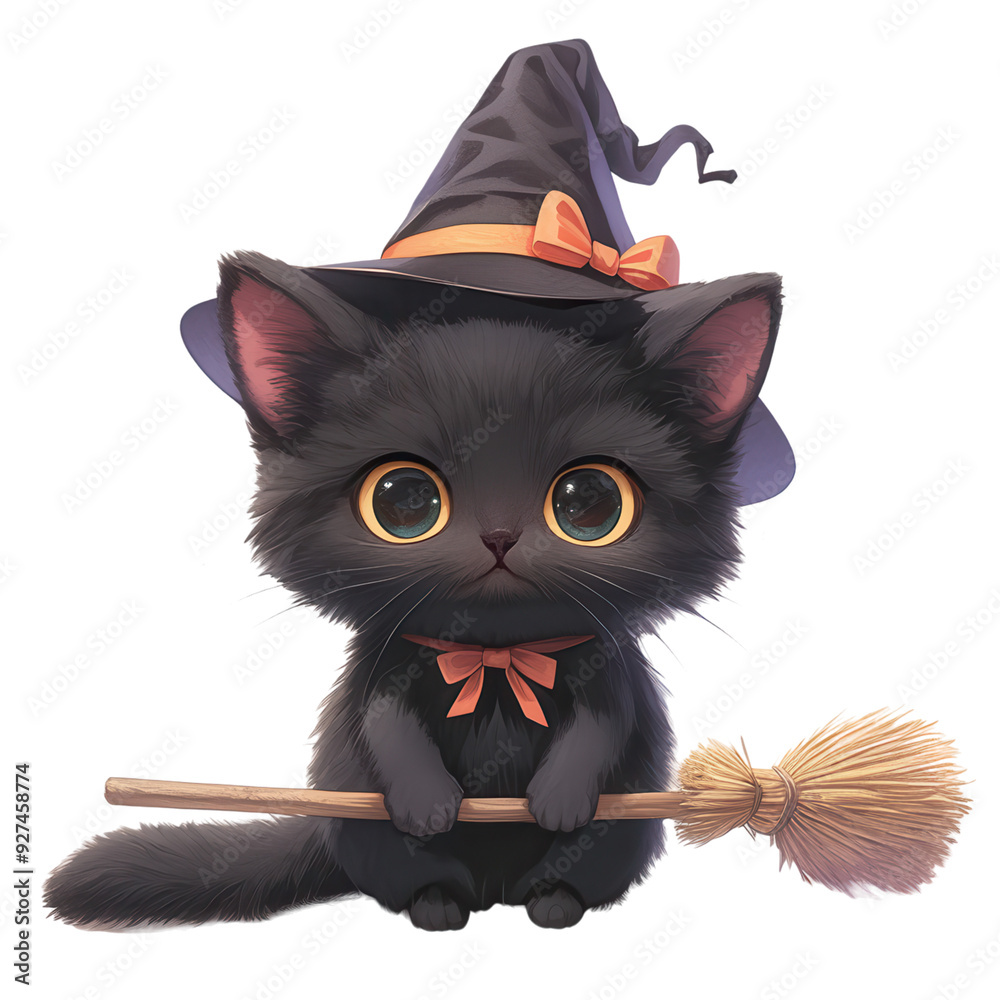 Wall mural A kitten holding a tiny broom, Halloween clipart, digital art, isolated on transparent background