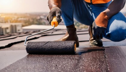 Using a roller brush to apply a waterproof coating to a rooftop. Generated image