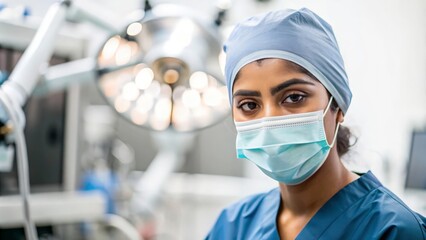 Indian Surgeon in Operating Room - Indian female surgeon wearing scrubs and a surgical mask, preparing for an operation in a sterile environment, conveying professionalism and focus.